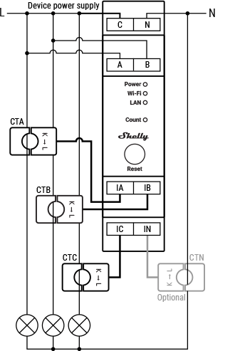 Shelly Pro 3EM mono-phase wiring diagram